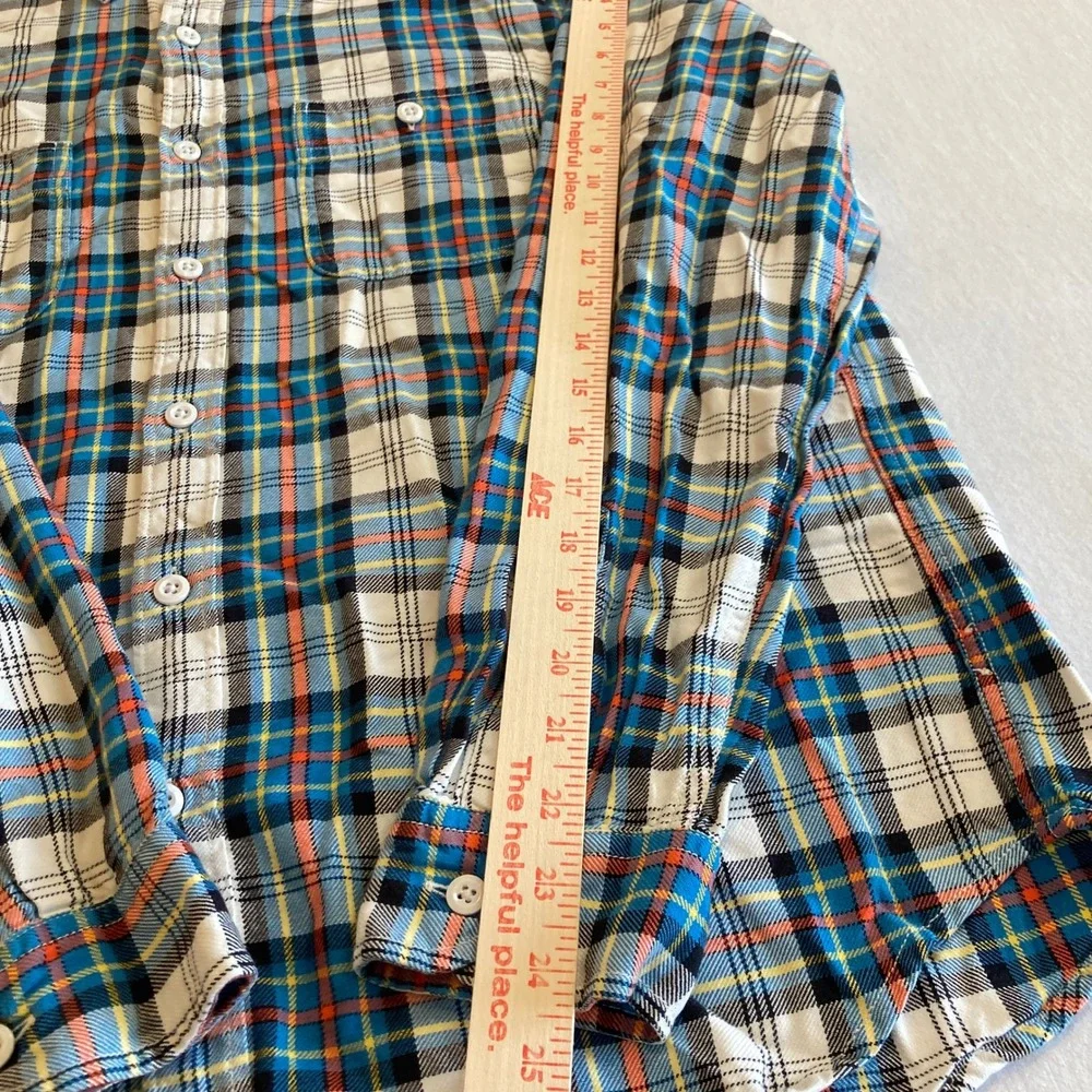 J. Crew Sportsman Mens Large Plaid Flannel Shirt Blue Orange Button Up Preppy